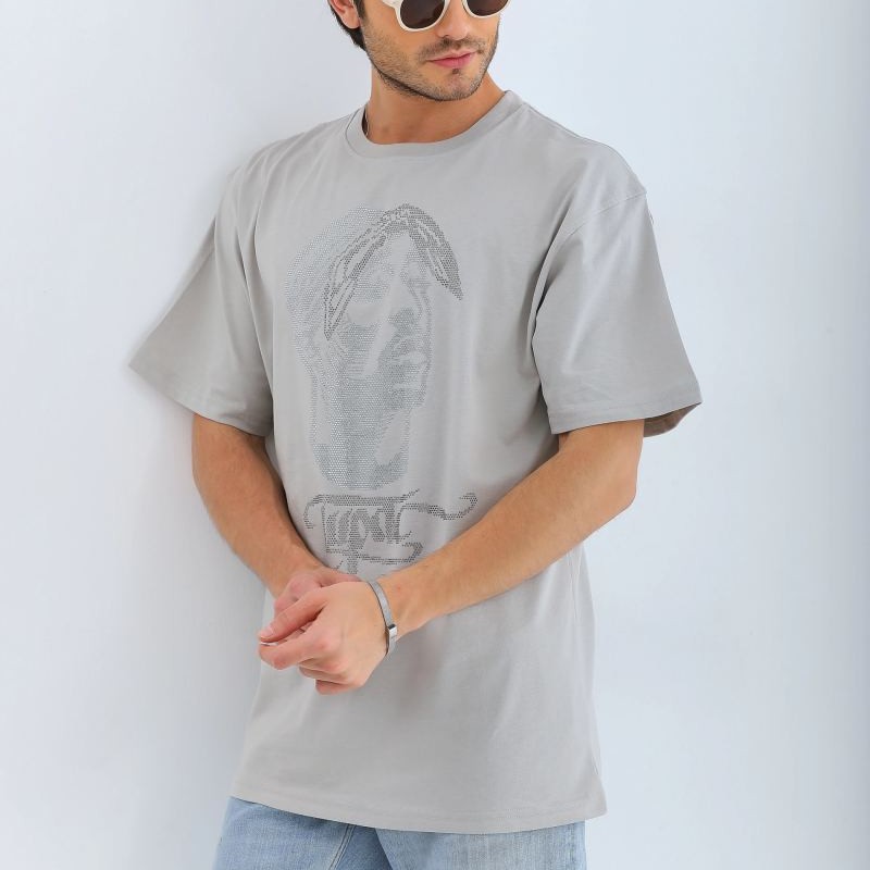 ERKEK Tişört TAŞ Detaylı Bisiklet Yaka  Kısa kol T-Shirt - Gri